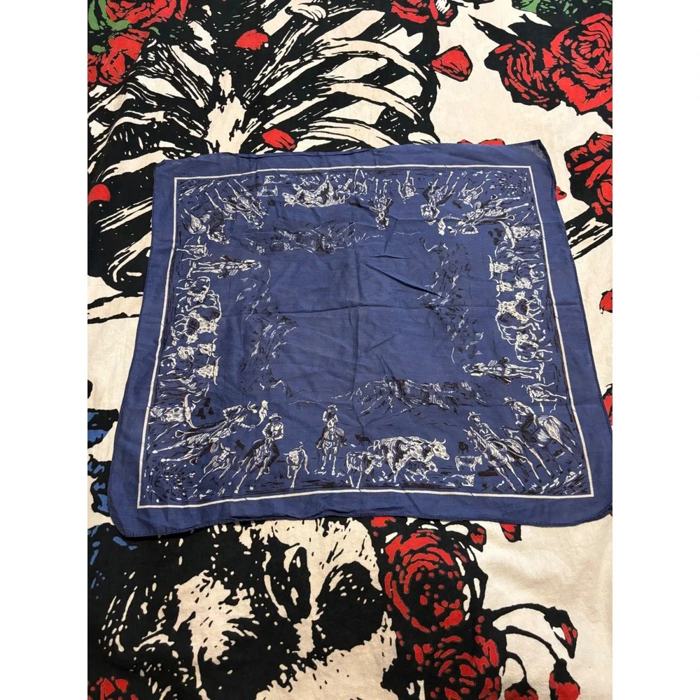 Vintage Blue Western Cowboy Cattle Bandana 100% Cotton Scarf RN 13960